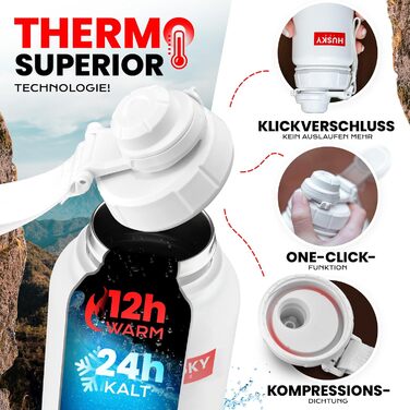 Термос HUSKY ICE 1.2 л із нержавіючої сталі, білий — пляшка для напоїв, подвійні стінки, термос, BPA-free, герметична, для спорту та активного відпочинку, з чохлом, підходить для миття в посудомийній машині