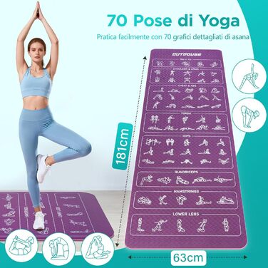 Килимок для йоги Sportmatte – 70 з друкованими позами йоги, неслизький матеріал TPE, для гімнастики, пілатесу, дому та подорожей, фітнес килимок для жінок та чоловіків, 181x63x0,6 см, рожевий та фіолетовий