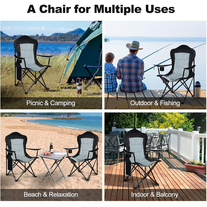 Складний туристичний стілець WOLTU: легкий, для відпочинку на природі, риболовлі, з кишенею для напоїв та боковою кишенею, до 150 кг, для кемпінгу, пляжу, саду, тераси (чорний + світло-сірий)