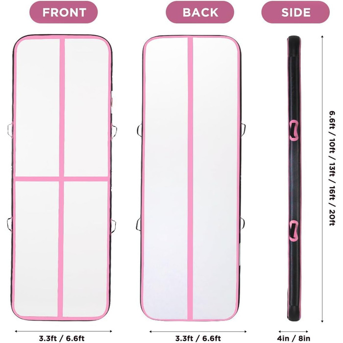 Гімнастичний надувний мат для тренувань, 10/20 см, надувна, 2/3/4/5/6 м, чорний/рожевий, 300x100x20 см