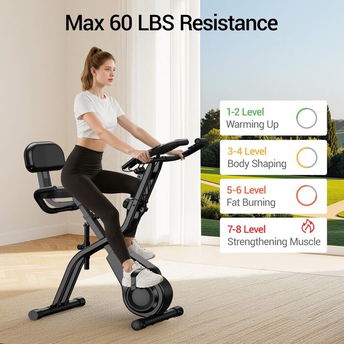 Ергометр UMAY Hometrainer 5-в-1: Велотренажер складаний для дому, магнітний опір, пульсометр, LED-дисплей, до 136 кг, чорний