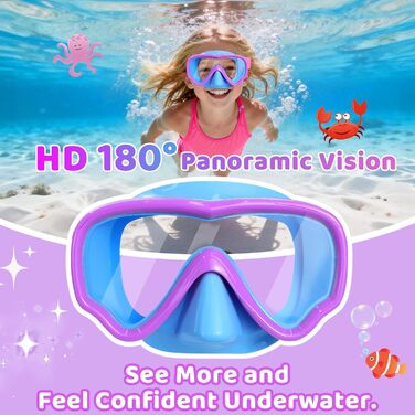 Дитячі маски для снорклінгу Vvinca: маска та трубка для плавання, 180° панорама, антизабруднення, для дітей 3-14 років (блакитний+фіолетовий)