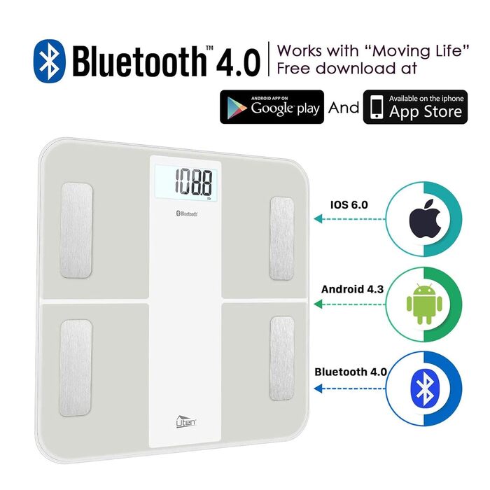 Цифрова ваги для аналізу складу тіла Uten з Bluetooth, максимальна вага 180 кг, біла, підтримка додатку, персональна електронна вага для вимірювання жиру, м'язів та води в організмі