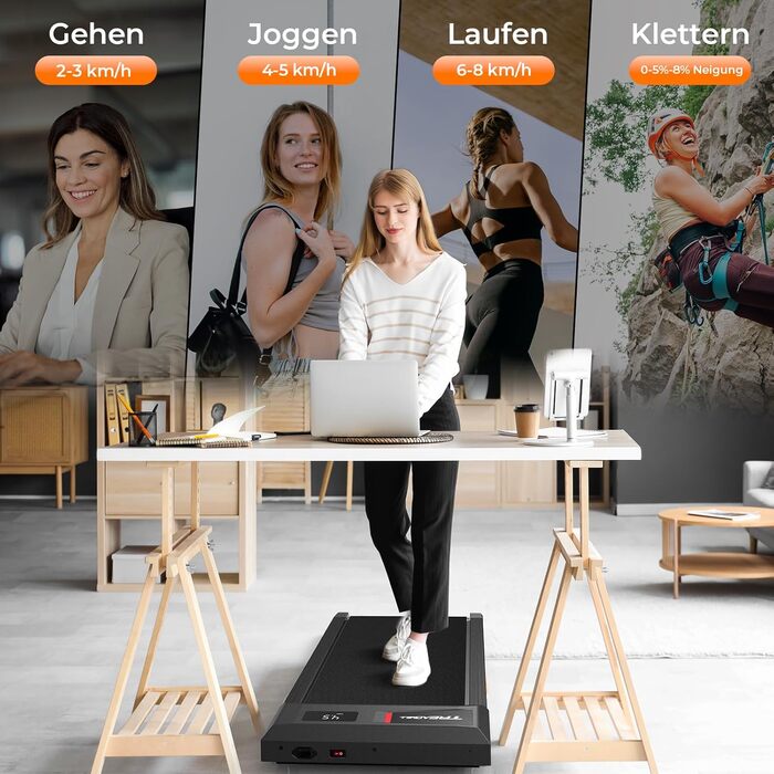 Біговий доріжка для дому з нахилом та страхувальним тросом, 2.5 PS Walking Pad, 8 км/год, 2 в 1 біговий доріжка під стіл для дому та офісу, пульт дистанційного керування, LED дисплей, додаток, голосове керування, чорний з підлокітниками
