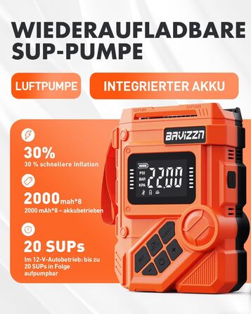 Електричний насос для SUP дошки 12V, 22 PSI, з акумулятором 59.2Wh, Type-C, 7 насадок, помаранчевий