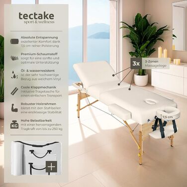Складаний масажний стіл tectake, 3 зони, 7,5 см м'яка оббивка, регульована висота, мобільна масажна кушетка з дерев'яними ніжками, підголівником, підлокітниками та чохлом, бежевий