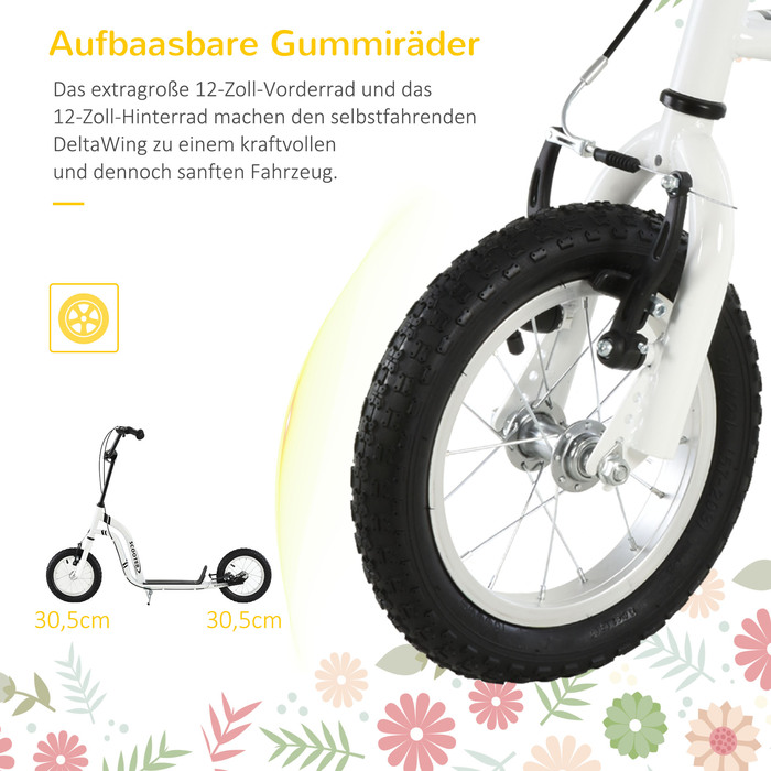Дитячий самокат HOMCOM Самокат від 5 років, дитячий самокат Kick Scooter City Scooter з пневматичною шиною 12 дюймів, гума алюміній, білий| Аосом