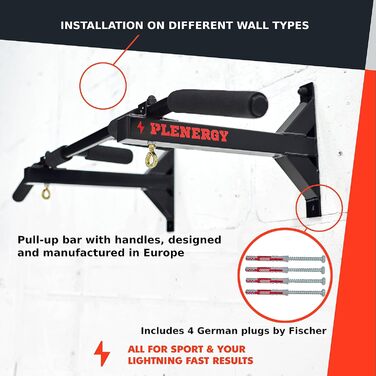 Турнік для стелі та стіни Plenergy S5 Black, 6 нековзких ручок, комплект для монтажу, міцний і безпечний