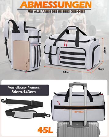 Спортивна сумка RAINSMORE 3 в 1 для чоловіків 45L: рюкзак, сумка-переноска, з відділенням для взуття, ноутбука та мокрого одягу (сіра)