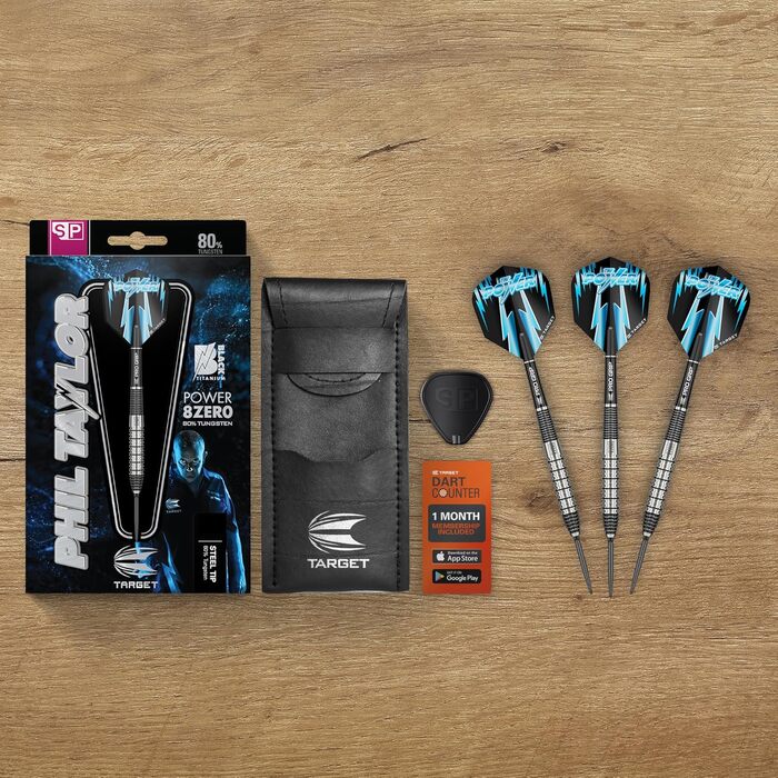 Дарти сталеві Target Darts Phil Taylor Power 8-Zero (80% вольфрам, 22/24/26г) + Swiss Point наконечники, Pro Grip шафти, No.6 пір'я