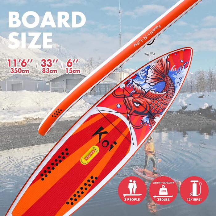 Надувна SUP-дошка FunWater Red KOI для серфінгу, комплект аксесуарів: регульоване весло, насос, рюкзак, страхувальний трос, водонепроникна сумка, для дорослих