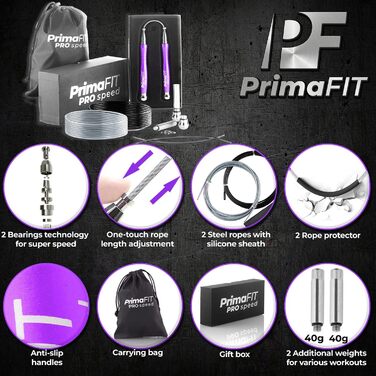 Скакалка PrimaFIT для дорослих, фітнес, професійна, 3м, регульована з обважнювачами, 2 підшипники, антиковзні ручки, для боксу, MMA, кросфіту, сталевий трос, чохол, фіолетова