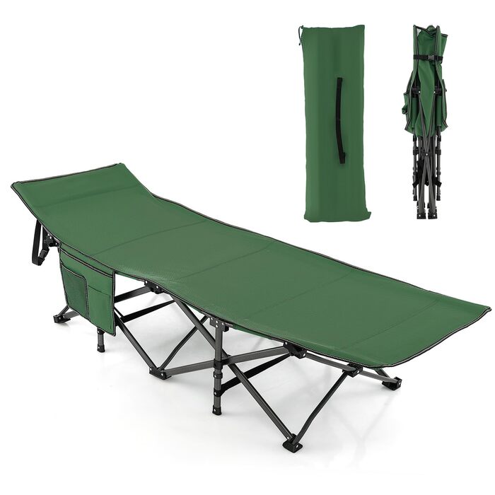 Розкладне ліжко SOARS для кемпінгу та відпочинку: стабільне металеве ліжко з кишенею та сумкою, до 272 кг, для саду та дому, зелене