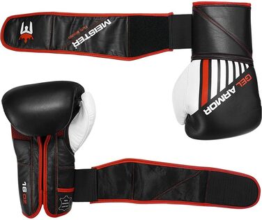 Боксерські рукавички Meister Gel Armor 16oz для тренувань з натуральної шкіри, чорні/червоні/білі, дорослі, з сітчастою сумкою