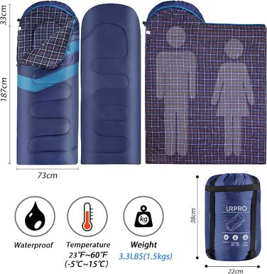 Спальний мішок URPRO 1.6 кг з фланелі для зими, осені та весни, блакитний, з матеріалу Hollowfiber, водонепроникний