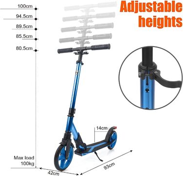 Скутер Lamborghini Tretroller Cityroller з великим колесом, складаний, регульована висота, для дорослих та дітей, з підставкою, передньою амортизацією та гальмом на задньому колесі, синій, до 100 кг