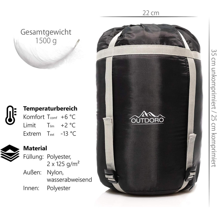 Спальний мішок Outdoro 3-4 сезони для кемпінгу та відпочинку на природі (чоловічий, жіночий)