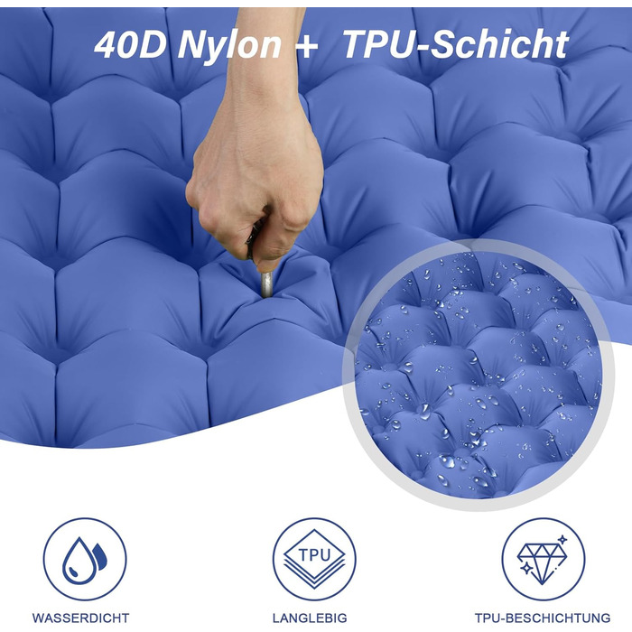 Надувний килимок для кемпінгу Isomatte, 10 см, двоспальний, з насосом, для туризму та відпочинку на природі (Marine Blau)