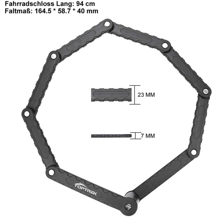 Замок для велосипеда Toptrek Faltschloss 94 см, 8 гнучких секцій, рівень безпеки 7, чорний