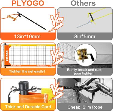 Волейбольна сітка PLYOGO для вулиці, професійний набір, регульовані алюмінієві стійки, анти-саг дизайн, подвійний регулятор натягу, для пляжу та газону