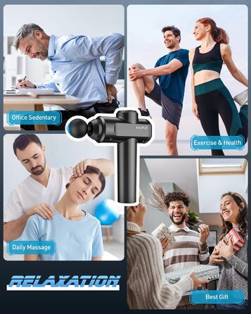 Масажний пістолет EKUPUZ, 30 швидкостей, 6 насадок, для м'язів, з USB-C, для шиї, спини, плечей, чорний