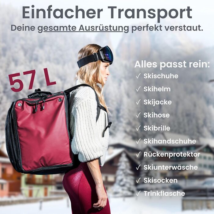 Чохол для лижних черевиків Otaro з відділенням для шолома | Сумка для лиж, шолома та аксесуарів | Водонепроникний, міцний, 60L (Pro, Червоний)