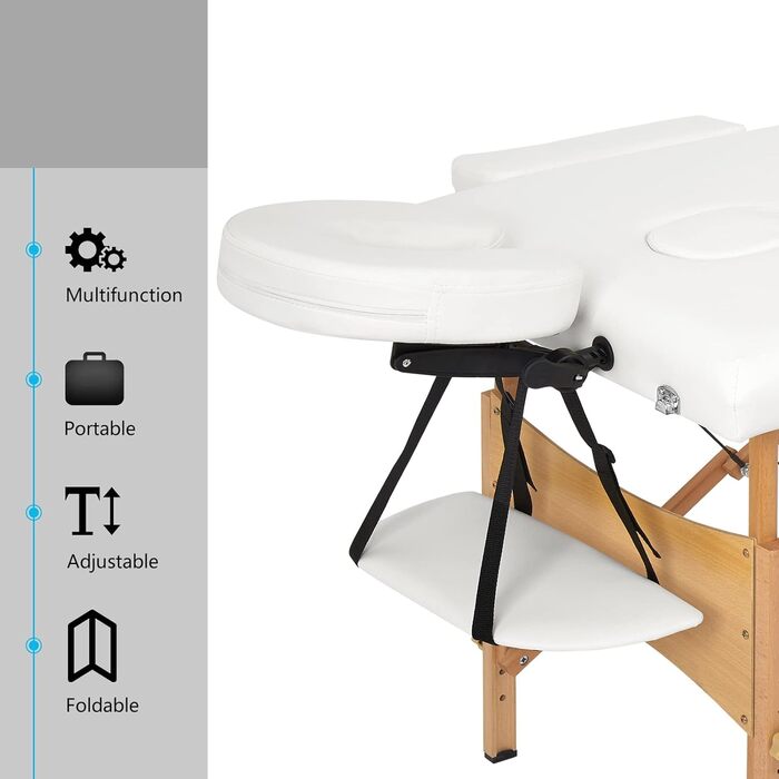 Масажне ліжко Mondeer з 2 зонами, регульована висота, складане, з дерева, для салону краси, з підголовником та підлокітниками (біле)