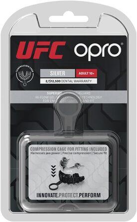 Захисна капа OPRO Silver Level для дорослих та дітей, біло-срібляста, з футляром, для хокею, лакросу, регбі, ММА, боксу, BJJ, з технологією індивідуальної підгонки, юніор (до 10 років)
