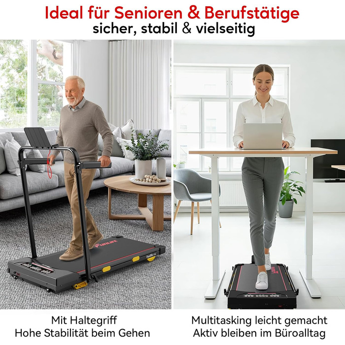 Біговий тренажер FunLife F4 (оновлення 2025) – 4-в-1, складний, з кутом нахилу 7%, керування через додаток, тихий, з двома ручками та страхувальним тросом, 1-12 км/год, для дому, для людей похилого віку, червоний