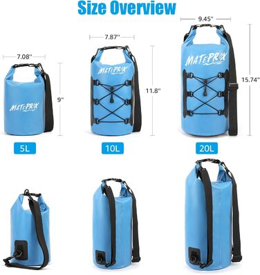 Водонепроникний мішок MATEPROX Dry Bag 5L/10L/20L з ролверхуванням - міцний та довговічний. Ідеально для плавання, катання на човні, рафтингу та кемпінгу. Кольори: блакитний 20L