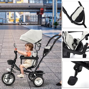 Триколісний велосипед для дітей 1-5 років, 5 в 1, з регульованою висотою сидіння, поворотний сидіння 360°, знімний капюшон, безпечний ремінь, кошик для іграшок, сірий