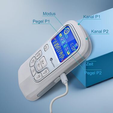Пристрій TENS для терапії болю, EMS, 2 канали, 25 режимів, 50 рівнів інтенсивності, 10 електродів (срібло)