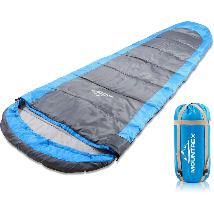 Сплячий мішок MOUNTREX® – ультралегкий та компактний (850г) – для відпочинку на природі, літній спальний мішок, мумієвидний (205x75см) – мале пакування та легкість – для підлітків та дорослих + подарунок: туристична подушка, зелений (блакитний/сірий)