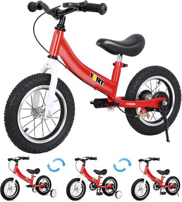 Дитячий велосипед YBIKE 2-в-1: біговел та велосипед, 12/14/16 дюймів, з гальмами та педалями, для дітей 1-7 років (червоний, 14 дюймів)
