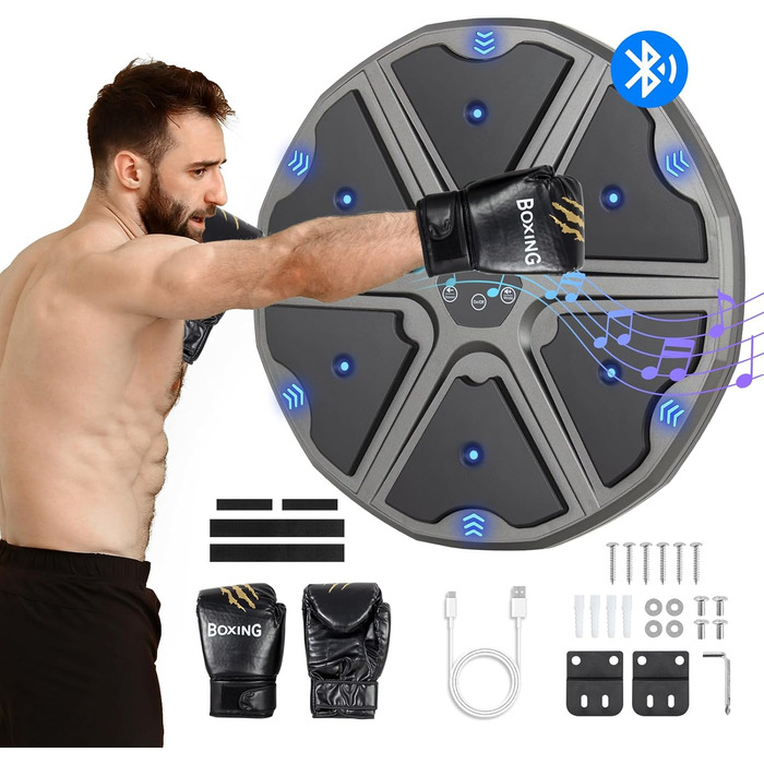 Музична боксерська машина Todeco з LED, Bluetooth, рукавичками та настінною ціллю - 9 режимів швидкості та режим підрахунку для дітей та дорослих
