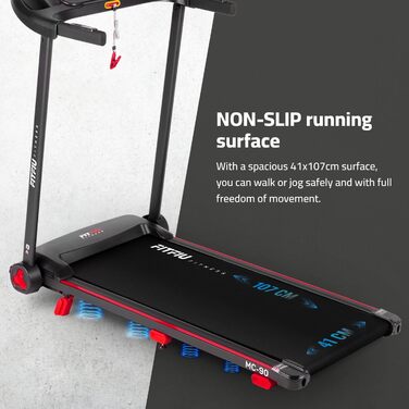 Біговий тренажер FITFIU MC-90 з мотором 2.0 HP, регулюванням швидкості до 14 км/год та нахилом 9%, з підключенням до Kinomap, Zwift та Fitime, динаміком та тримачем для планшета