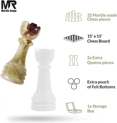 Шаховий набір з мармуру для дорослих, ручної роботи Verona & Green Onyx: ігровий набір з 32 фігурами, 2 додаткові королеви, коробка для зберігання