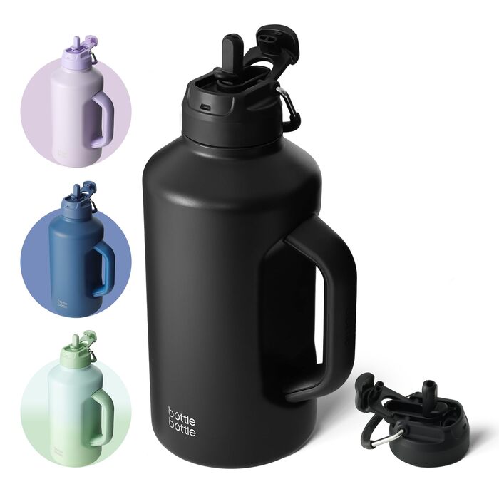 Ізольована пляшка для води BOTTLE з трубочкою та подвійним кришками, спортивна пляшка з нержавіючої сталі для чоловіків з ручкою, вакуумна сталь, для тренувань та спорту, 1,8 л, Чорний