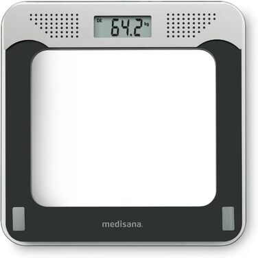 Medisana PS 425 — розмовна електронна вага з скла, чорна/сіра, точна цифрова вага на 180 кг, 4 мови, автоматичне вимкнення