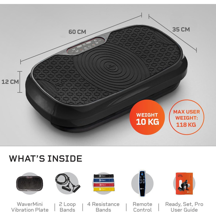 Віброплатформа Lifepro Waver Mini з пультом та гумками для фітнесу - компактний вібраційний тренажер для лімфодренажу, тонусу м'язів, 99 рівнів інтенсивності, 10 програм Schwarz