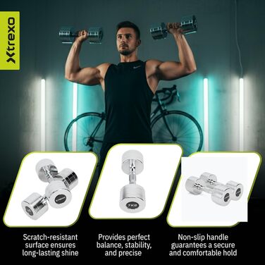 Набір гантелей XTREXO Verte Kurz 2 шт. (2.5-12 кг) – сталеві гантелі з неслизьким грифом, міцні та довговічні. Ідеальні для силових тренувань вдома та в спортзалі (хром, 2 x 7 кг)
