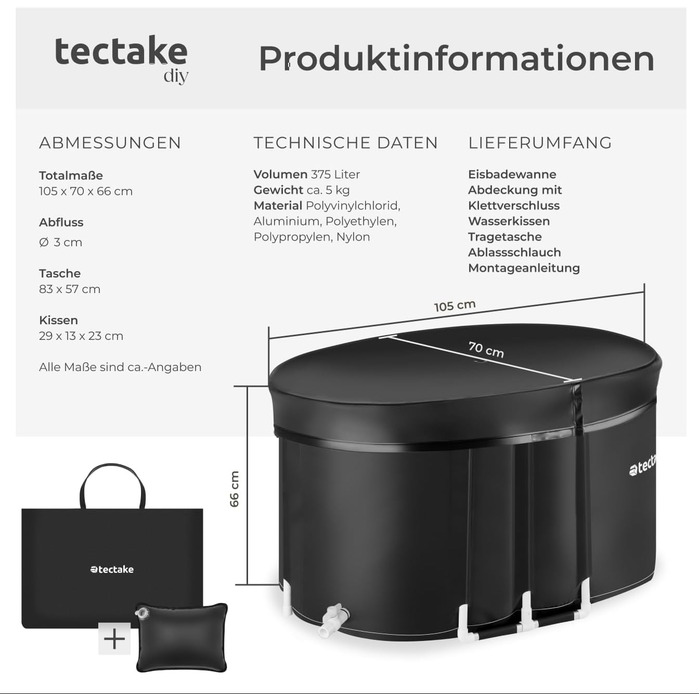 Тектейк® Ванна для крижаного душу з кришкою, крижана ванна, ванна для крижаної терапії та спортсменів - Ø 90 x 75 см (105 x 70 x 65 см)