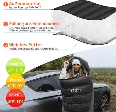 Сплячий мішок пуховий зимовий, 600FP+ Преміум пух, 12°C до -24°C, легкий та теплий для 3-4 сезонів, кемпінг, піші прогулянки та трекінг, оранжевий 12°C (чорний 0°C)