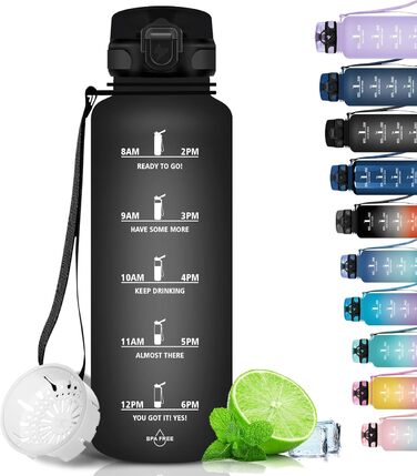 Спортивна пляшка для води Grsta 1,5 л, BPA Free, з фільтром, для газованої води, герметична, з таймерами, для спортзалу, школи, офісу та активного відпочинку, чорна