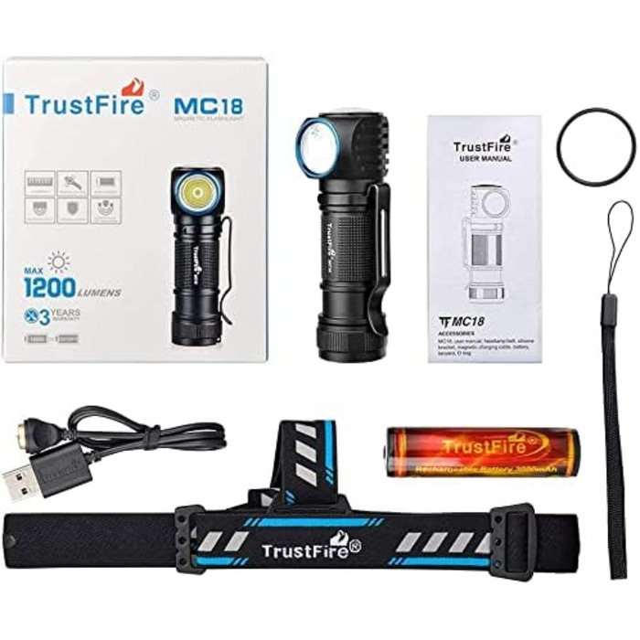 Ліхтар на голову LED TrustFire MC18 - 1200 Люмен, водонепроникний, 5 режимів, для бігу, з налобним ремінком, синій/чорний
