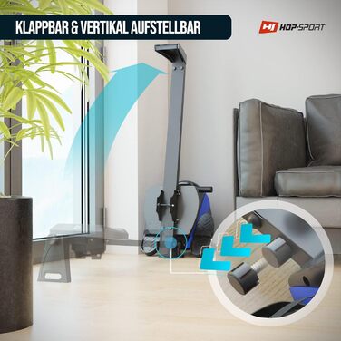 Веслувальний тренажер Hop-Sport Boost для дому, складаний, магнітна система, 10 рівнів, комп'ютер, синій, до 120 кг