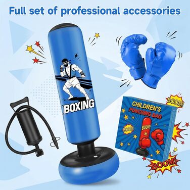 Боксерський мішок надувний для дітей 168 см з рукавичками та насосом, блакитний, з мотивом бійця, для дому, 5-12 років, для Karate та Taekwondo