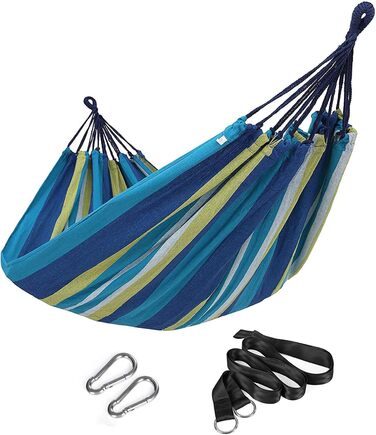 Подвійна гамак SONGMICS, 249x150 см, 136 кг, з сумкою, ременями, карабінами, для тераси, балкона, саду, відпочинку на природі, кемпінгу, блакитно-жорий