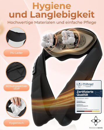 Масажер MASSAGEWERK Shiatsu для шиї та спини, електричний з функцією підігріву, чорний, для зняття м'язових болів та напруги, ергономічний
