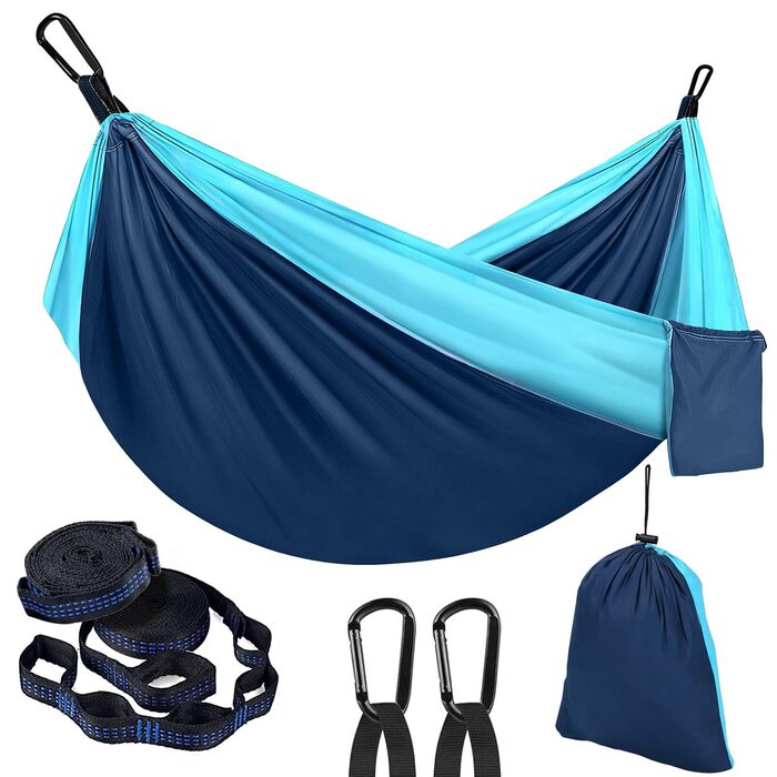 Гамак дорожній складаний Camping 270x140 см для відпочинку на природі, балконі, терасі (синьо-блакитний)